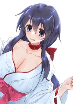 1girl absurdres black_eyes black_hair blush breasts cleavage commentary_request commission copyright_request highres japanese_clothes kimono kishida_mel large_breasts long_hair miko open_mouth simple_background skeb_commission solo white_background