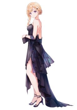 Rule 34 | 1girl, absurdres, ayase saki, backless dress, backless leotard, backless outfit, bare back, bare shoulders, black dress, blonde hair, breasts, collarbone, dress, earrings, from side, full body, gimai seikatsu, hair ornament, hairclip, highres, hiten (hitenkei), jewelry, leotard, long hair, looking at viewer, looking to the side, official art, purple eyes, shoes, shoulder blades, simple background, skirt, smile, solo, standing, step-siblings, white background