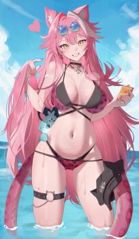 1girl absurdres animal_ears animal_print bare_shoulders bikini bikini_print black_bikini black_choker black_hat blue-tinted_eyewear blue_sky blush bottle bow breasts cat_o-ring chattino_(raora_panthera) choker cloud cloudy_sky collarbone commentary day english_commentary extra_ears eyeshadow eyewear_on_head fang fingernails grey-framed_eyewear grin hair_intakes hat hat_on_tail heart highres holding holding_bottle hololive hololive_english jewelry large_breasts leopard_print leopard_print_bikini long_hair looking_at_viewer lotion_bottle makeup multicolored_hair nail_polish navel necklace o-ring o-ring_thigh_strap ocean outdoors panther_ears panther_girl panther_tail pink_bikini pink_eyeshadow pink_hair pink_nails pink_tail print_bikini raora_panthera sky smile stomach streaked_hair sunglasses swimsuit tail teeth thigh_strap thighs tinted_eyewear two-tone_hair unworn_hat unworn_headwear virtual_youtuber wading water white_bow yellow_eyes zen1zen3