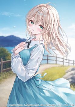 1girl artist_name blonde_hair blue_dress blue_sky blush breasts closed_mouth commentary_request copyright_name copyright_notice dress floating_hair from_side green_eyes hair_between_eyes higeneko highres ichijou_ai_(jinsei_gyakuten) jinsei_gyakuten:_uwaki_sare_enzai_wo_kiserareta_ore_ga_gakuen_ichi_no_bishoujo_ni_natsukareru light_smile long_hair looking_at_viewer looking_to_the_side official_art puffy_sleeves second-party_source sky solo standing
