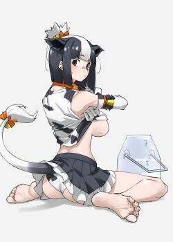 1girl :/ animal_ears animal_print ass bare_legs bare_shoulders barefoot bell black_eyes black_hair black_skirt blunt_bangs blush bow breasts closed_mouth clothes_lift collar cow_ears cow_girl cow_print cow_tail cowbell elbow_gloves extra_ears feet frilled_skirt frills from_behind full_body gloves grey_background hair_bow hair_bun highres holstein_friesian_cattle_(kemono_friends) kemono_friends large_breasts lifting_own_clothes looking_at_viewer looking_back medium_hair microskirt miniskirt multicolored_hair neck_bell no_bra orange_bow panties pleated_skirt print_gloves print_panties print_shirt print_skirt shirt shirt_lift short_hair sideboob sidelocks simple_background single_hair_bun sitting skirt sleeveless sleeveless_shirt soles solo tail tail_bell tail_bow tail_ornament tail_raised tanabe_(fueisei) toes two-tone_hair underboob underwear undressing wariza white_gloves white_hair white_panties