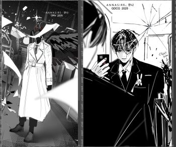 annasire art_program_in_frame black_hair black_shirt black_wings blurry blurry_foreground broken_glass coat demon_horns feathered_wings flying_paper full_body glass gwechul holding holding_phone horns kim_dokja kim_soleum light_particles looking_at_reflection omniscient_reader's_viewpoint paper phone screencap shirt short_hair sparkle split_screen standing taking_picture white_coat wings