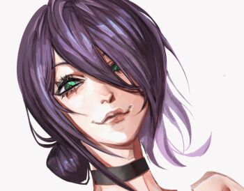 1girl black_choker chainsaw_man choker closed_mouth dromi999 green_eyes hair_between_eyes hair_bun looking_at_viewer purple_hair reze_(chainsaw_man) simple_background solo white_background