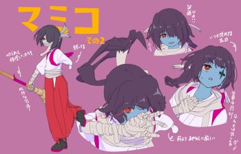 Rule 34 | 1girl, amputee, bandaged arm, bandaged head, bandages, black hair, broom, character name, colored skin, commentary request, glowing, glowing eye, hair over one eye, hakama, hakama skirt, highres, holding, holding broom, japanese clothes, long hair, looking at viewer, mamiko (yasuda genshou), miko, multiple views, nontraditional miko, original, ponytail, red eyes, red hakama, reference sheet, scar, scar across eye, scar on face, simple background, skirt, smile, sweat, translation request, yasuda genshou