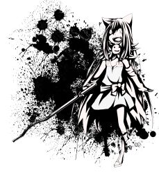 Rule 34 | 1girl, alchemist (ragnarok online), animal ears, blood, blood splatter, boots, bow, cape, cat ears, cat girl, commentary request, crazy eyes, crazy smile, detached sleeves, dress, flat chest, fold-over boots, full body, fur collar, greyscale, high contrast, highres, holding, holding lead pipe, lead pipe, long hair, meiko (nattu303), monochrome, open mouth, ragnarok online, sash, simple background, smile, solo, strapless, strapless dress, very long hair