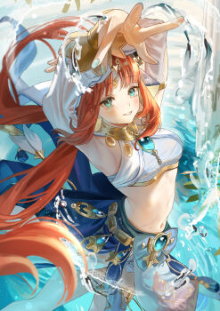 1girl absurdres aqua_eyes aqua_hair aqua_nails armpits arms_up blue_skirt blush breasts commentary_request dancer genshin_impact harem harem_outfit highres long_hair long_sleeves looking_at_viewer medium_breasts nilou_(genshin_impact) open_mouth red_hair ria_0261 skirt smile solo