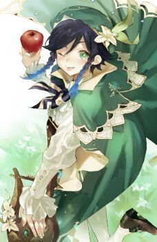 1boy :p apple bard beret black_hair blue_hair braid cape collared_cape flower food fruit genshin_impact gradient_hair green_cape green_eyes green_hat hair_ornament hat hat_flower highres holding holding_food holding_fruit instrument looking_at_viewer lyre male_focus meameeea multicolored_hair shirt short_hair_with_long_locks side_braids solo tongue tongue_out twin_braids venti_(genshin_impact) vision_(genshin_impact) white_flower white_shirt