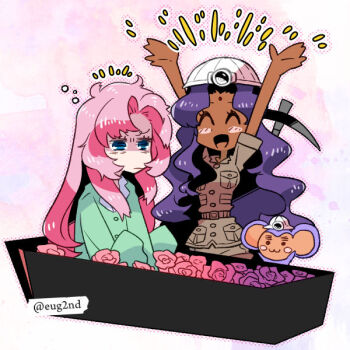 2girls :3 ^_^ bindi blue_eyes chu_chu_(shoujo_kakumei_utena) closed_eyes coffin dark_skin dark-skinned_female eugenio2nd closed_eyes flower helmet himemiya_anthy monkey multiple_girls open_mouth pajamas pickaxe pink_hair purple_hair rose shoujo_kakumei_utena smile tenjou_utena waking_up
