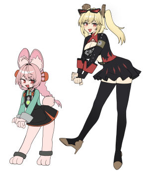 2girls ahoge animal_ear_fluff animal_ears ankle_strap aqua_shirt barefoot black_dress black_jacket black_shirt black_skirt black_thighhighs blonde_hair breasts bright_pupils burnice_white dress fingerless_gloves furry furry_female gloves high_heels highres jacket large_breasts looking_at_viewer medium_hair multiple_girls oro_(lsg0624) pink_fur pink_hair rabbit_ears rabbit_girl rabbit_tail red_eyes shirt shoes skirt tail thighhighs two_side_up white_pupils yellow_shoes zenless_zone_zero zhao_(zenless_zone_zero)