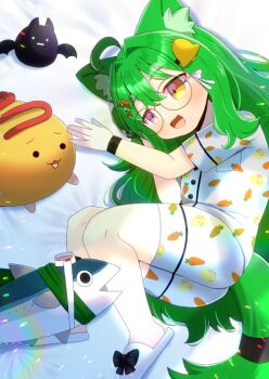 1girl :d ahoge animal_ear_fluff animal_ears arms_up bed_sheet bell brown_eyes carrot_print commission copyright_request food_print glasses green_hair hair_bell hair_between_eyes hair_intakes hair_ornament hairclip kou_hiyoyo long_hair lying on_side open_mouth print_shirt print_shorts shirt short_sleeves shorts skeb_commission slippers smile solo tail very_long_hair white_shirt white_shorts white_slippers