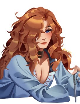 1boy black_choker blue_eyes blue_shirt blush bright_pupils choker collarbone colored_eyelashes commentary cropped_torso curtained_hair english_commentary expressionless frilled_shirt_collar frills hair_over_one_eye highres kanin-223 knife leaning_forward long_hair long_sleeves looking_at_viewer male_focus maraich_juschenfe orange_hair parted_bangs parted_hair patalliro! pink_lips puffy_long_sleeves puffy_sleeves shirt simple_background solo trap tumblr_username wavy_hair white_background white_pupils