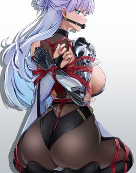 1girl absurdres arms_behind_back ass ball_gag bdsm bondage bound bound_ankles bound_arms bound_legs bound_thighs bound_torso bound_wrists breasts bridal_gauntlets brown_pantyhose bt_(3212637) colored_eyelashes crotch_rope earrings frogtie gag gagged goddess_of_victory:_nikke highres huge_breasts jewelry large_breasts long_hair looking_at_viewer mechanical_arms mechanical_hands mole mole_under_eye nayuta_(nikke) pantyhose red_rope restrained rope shibari shibari_over_clothes sideboob single_bridal_gauntlet single_mechanical_arm single_mechanical_hand solo struggling thick_eyelashes very_long_hair white_eyelashes white_hair