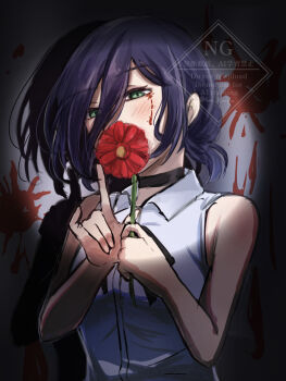 1girl ama_rinngoo black_choker black_ribbon blood blood_on_face chainsaw_man choker collared_shirt flower green_eyes hair_between_eyes hair_bun highres holding holding_flower looking_at_viewer medium_hair neck_ribbon purple_hair red_flower reze_(chainsaw_man) ribbon shirt sleeveless sleeveless_shirt solo white_shirt