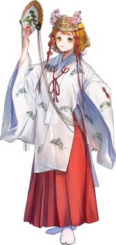 1girl brown_hair chihaya_(clothing) folding_fan full_body hakama hand_fan hozuka_(kadokawa) japanese_clothes kantai_collection kimono long_hair looking_at_viewer miko official_art ootomari_(kancolle) ootomari_(miko)_(kancolle) red_hakama socks solo standing tabi tiara transparent_background white_kimono white_socks wide_sleeves yellow_eyes