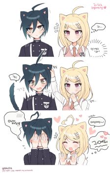 +++ ahoge akamatsu_kaede animal_ears antenna_hair backpack bad_id bad_twitter_id bag black_jacket black_skirt blonde_hair blue_hair blush buttons cat_day cat_ears closed_mouth collared_jacket collared_shirt commentary_request covering_face crest cropped_torso dalrye_v3 danganronpa_(series) danganronpa_v3:_killing_harmony double-breasted drooling eyelashes fingernails flying_sweatdrops fortissimo hair_between_eyes hair_ornament hand_on_another's_ear hand_on_own_chin heart heart_antenna_hair hetero high_collar highres jacket kemonomimi_mode korean_commentary korean_text light_blush light_frown long_hair looking_ahead looking_at_another motion_lines musical_note musical_note_hair_ornament necktie notice_lines orange_necktie pink_vest pinstripe_jacket pinstripe_pattern pocket purple_eyes saihara_shuichi sequential shirt short_hair simple_background skirt speech_bubble translation_request twitter_username v-shaped_eyebrows vertical-striped_sleeves vest wavy_mouth white_background white_bag white_shirt yellow_eyes
