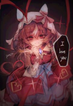 1girl animal_ears blush bow breasts brown_hair detached_sleeves doktahzaki dress ear_covers ear_ribbon english_text hair_between_eyes hair_ornament heart horse_ears horse_girl horse_tail long_hair looking_at_viewer parted_lips red_dress red_eyes ribbon small_breasts smile solo sparkle speech_bubble still_in_love_(scarlet_vow_raiment)_(umamusume) still_in_love_(umamusume) tail umamusume veil white_sleeves white_streaks white_veil