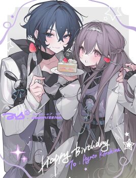 1boy 1girl black_hair blue_eyes breasts gloves hair_between_eyes hair_bun hair_ornament hairband highres holding jacket long_hair long_sleeves multiple_girls non-web_source open_mouth purple_eyes purple_hair red_eyes ribbon shirt twintails yuanyunyu_3y