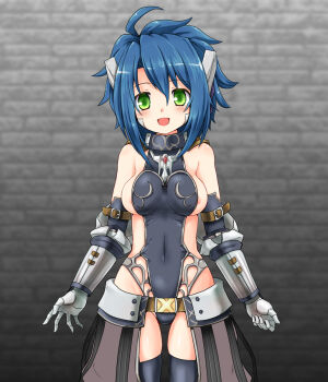 ahoge android areola_slip armored_gloves bare_shoulders black_collar black_leotard black_thighhighs blue_hair breasts brown_shorts clothing_cutout collar covered_navel emil_chronicle_online green_eyes highres huyusilver leotard lili_(eco) looking_at_viewer medium_breasts open_mouth robot_ears shorts spiked_hair thigh_cutout thighhighs