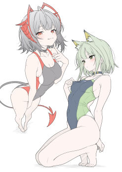 2girls absurdres alternate_costume animal_ear_fluff animal_ears arknights arm_behind_back armpit_crease back_cutout bare_arms bare_legs bare_shoulders barefoot belt belt_buckle belt_collar black_belt black_collar black_one-piece_swimsuit blush breasts buckle cat_ears cat_girl choker closed_mouth clothing_cutout collar collarbone commentary competition_swimsuit covered_navel extra_ears feet flat_color full_body green_eyes green_hair green_one-piece_swimsuit grey_hair groin hand_up hatching_(texture) highres horns kal'tsit_(arknights) kneeling large_breasts legs legs_together linea_alba looking_ahead looking_at_viewer medium_breasts multicolored_swimsuit multiple_girls one-piece_swimsuit orange_eyes red_horns short_hair sideboob simple_background smile standing swimsuit swimsuit_tug symbol-only_commentary t1kosewad tail thighs toes w_(arknights) white_background