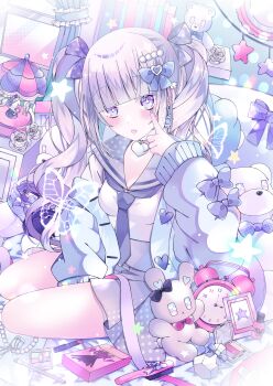 1girl :p aoi_yugina blush bow breasts bug butterfly commission hair_bow hair_ornament heart highres insect long_hair long_sleeves looking_at_viewer original phone purple_eyes sailor_collar sensitive shirt sitting skirt solo star_(symbol) stuffed_animal stuffed_toy teddy_bear tongue tongue_out twintails