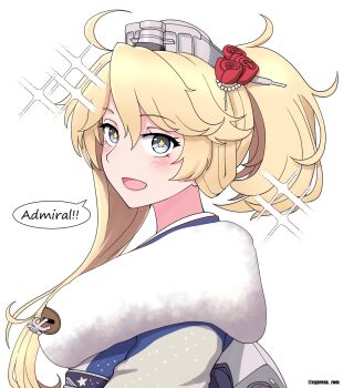 Rule 34 | 1girl, ahoge, asymmetrical hair, blonde hair, blue eyes, blue kimono, commentary request, cypress (hinokidou), flower, fur-trimmed kimono, fur trim, hair flower, hair ornament, headgear, highres, iowa (kancolle), iowa (new year) (kancolle), japanese clothes, kantai collection, kimono, long hair, ponytail, red flower, red rose, rose, simple background, solo, sparkle, star-shaped pupils, star (symbol), symbol-shaped pupils, twitter username, upper body, white background