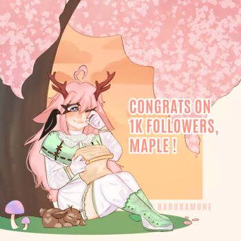 1girl 1other ahoge antlers artist_name boots green_boots haruramune heart heart_ahoge horns indie_virtual_youtuber miss_maple mushrooms orange_background pants pink_hair sitting skirt white_pants white_skirt