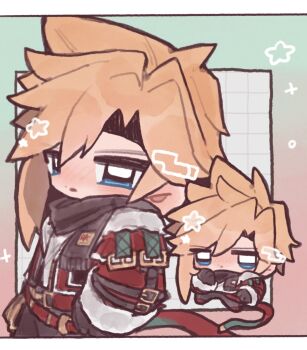 Rule 34 | 1boy, belt, black gloves, black scarf, blonde hair, blue eyes, blush, blym7oym7759061, christmas, closed mouth, cloud strife, cloud strife (holiday outfit), commentary, final fantasy, final fantasy vii, final fantasy vii: ever crisis, fur-trimmed jacket, fur trim, gloves, highres, jacket, looking at viewer, male focus, multiple views, official alternate costume, open clothes, open jacket, red belt, red jacket, scarf, short hair, spiked hair, star (symbol), symbol-only commentary