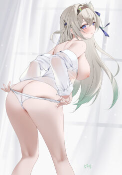 1girl absurdres ass black_hairband blush breasts clothes_pull commentary curtains firefly_(honkai:_star_rail) grey_hair hair_ribbon hairband highres honkai:_star_rail honkai_(series) large_breasts leaning_forward long_hair looking_at_viewer nipples panties panty_pull purple_eyes ribbon see-through_clothes see-through_shirt shirt shirt_pull solo symbol-only_commentary thighs underwear undressing very_long_hair white_shirt window zzo_(chorizzzzo)