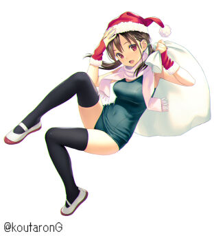 1girl :d arm_up bell black_thighhighs blue_one-piece_swimsuit breasts brown_hair christmas_wreath commentary_request covered_navel fringe_trim full_body fur-trimmed_headwear fur_trim hair_tie hand_up hat holding holding_sack koutaro long_hair looking_at_viewer low_twintails medium_breasts old_school_swimsuit one-piece_swimsuit open_mouth original pink_scarf red_eyes red_hat sack santa_hat scarf school_swimsuit shoes simple_background smile solo swimsuit thighhighs twintails twitter_username uwabaki white_background white_shoes wreath