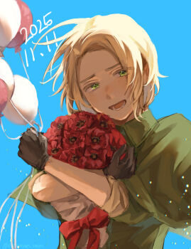 1boy 2025 artist_name axis_powers_hetalia balloon black_gloves blonde_hair blue_background blush bouquet bow capelet collared_capelet commentary_request crossed_arms flower gloves green_capelet green_eyes green_jacket harutoro_39487 highres holding holding_balloon holding_bouquet jacket long_sleeves looking_at_viewer male_focus military military_jacket military_uniform open_mouth poland_(hetalia) poppy_(flower) red_bow red_flower short_hair simple_background smile solo teeth