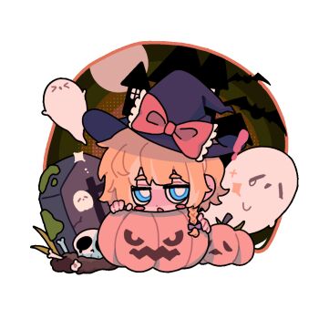 1girl artist_request bat_(animal) black_hat blonde_hair blue_eyes blush_stickers bone border bow braid bright_pupils commission cookie_(touhou) ghost hair_bow hat hat_bow jack-o'-lantern kirisame_marisa looking_at_viewer meguru_(cookie) open_mouth pumpkin purple_bow red_bow second-party_source short_hair side_braid single_braid skull solo tombstone touhou transparent_border upper_body white_pupils witch_hat
