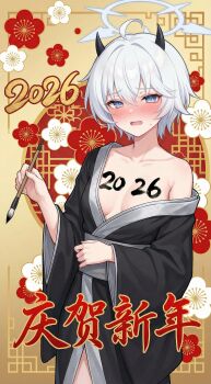 1girl 2026 absurdres black_kimono blue_archive blue_eyes blue_halo blush body_writing bodypaint breasts commentary_request demon_girl demon_horns embarrassed erika_(blue_archive) floral_background hair_between_eyes halo hand_up highres holding holding_brush horns japanese_clothes kimono kimono_pull lightning_22 long_sleeves looking_at_viewer medium_hair new_year no_bra shy small_breasts solo standing white_hair white_halo wide_sleeves