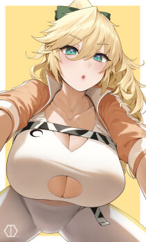 1girl blonde_hair border bow breasts cleavage cleavage_cutout clothing_cutout commentary_request cropped_jacket from_below green_bow green_eyes highres jacket looking_at_viewer open_mouth orange_jacket original pants scarlet_hershey solo sports_bra sweet_home_maid white_border white_pants yaman yellow_background yoga_pants