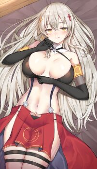1girl :q absurdres arm_under_breasts armlet assassin bare_shoulders bed bed_sheet black_panties blush breasts breasts_apart closed_mouth collarbone commentary_request commission crescent crescent_earrings crop_top cross cross_hair_ornament crossed_bangs earrings elbow_gloves from_above gloves gold_armlet gold_trim hair_between_eyes hair_ornament hair_spread_out hand_up high-low_skirt highres indoors jewelry large_breasts licking_lips looking_at_viewer lying navel on_back on_bed original panties red_skirt resting single_earring skeb_commission skirt smile solo strap thigh_strap thighs tongue tongue_out two-sided_fabric two-sided_skirt underwear white_hair wooden_floor yamato_(muchuu_paradigm) yellow_eyes
