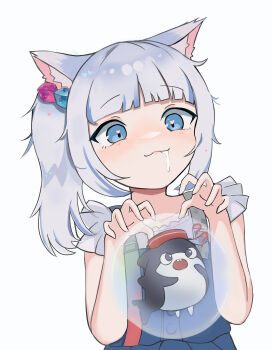 Rule 34 | 1girl, 2021, absurdres, aged down, animal ear fluff, animal ears, blue eyes, blue overalls, blush, cat ears, catshark, drooling, gawr gura, grey hair, heart, heart-shaped pupils, highres, hololive, hololive english, overalls, symbol-shaped pupils, virtual youtuber, wcscute, white background