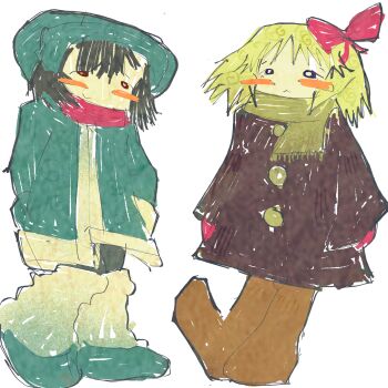 Rule 34 | 1boy, 1girl, abstract, astrophileic, black hair, blonde hair, blue jacket, blush, boots, coat, commentary, english commentary, highres, hoshi-kun (kikuo), jacket, kikuo, knit hat, scarf, soshite kimi wa tsuki ni natta, trench coat, tsuki-chan, white background