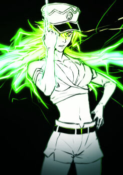 Rule 34 | 1girl, bleach, breasts, candice catnipp, cleavage, commentary, elbow gloves, electricity, energy hair, gloves, green eyes, green hair, hair between eyes, hand on own hip, hand up, hat, large breasts, long hair, looking at viewer, midriff, military hat, navel, no.4, shirt, shorts, sleeveless, sleeveless shirt, solo, sternritter, white gloves, white hat, white shirt, white shorts