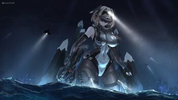 Rule 34 | 1girl, absurdres, aircraft, bare shoulders, black gloves, blindfold mask, bodysuit, breasts, building, chinese commentary, cityscape, commentary request, covered navel, fingerless gloves, giant, giantess, gloves, gun, helicopter, highres, holding, holding gun, holding weapon, impossible bodysuit, impossible clothes, large breasts, large variant set, mask, mecha musume, medium hair, night, original, rain, searchlight, sherman (egnk2525), skin tight, skyscraper, textless version, thigh strap, variant set, wading, water, weapon