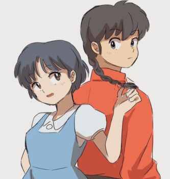 Rule 34 | 1boy, 1girl, back-to-back, braid, braided ponytail, breasts, chinese clothes, closed mouth, expressionless, fuurinkan high school uniform, looking down, looking up, open mouth, ranma 1/2, saotome ranma, saotome ranma (male), school uniform, short hair, simple background, size difference, tangzhuang, tendou akane, tokito rk