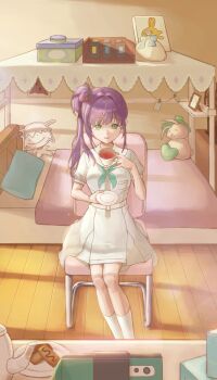 1girl absurdres aqua_neckerchief bed bedroom box breast_pocket breasts canvas_(object) cellphone chair commentary cup desk doodles drawing_(object) dress flower full_body glass_teapot green_eyes hair_bun hair_flower hair_ornament hasu_no_sora_school_uniform highres hinoshita_kaho holding holding_cup holding_saucer indoors large_breasts legs_together link!_like!_love_live! long_hair looking_at_viewer love_live! medium_dress neckerchief on_chair open_mouth otomune_kozue phone phone_stand picture_frame pillow plate pleated_dress pocket puffy_short_sleeves puffy_sleeves purple_hair red_flower sailor_collar sailor_dress saucer school_uniform short_sleeves side_ponytail sidelocks single_side_bun sitting smartphone smile socks solo stuffed_animal stuffed_rabbit stuffed_toy summer_uniform sunkeun teacup teeth upper_teeth_only virtual_youtuber white_dress white_sailor_collar white_socks wooden_floor