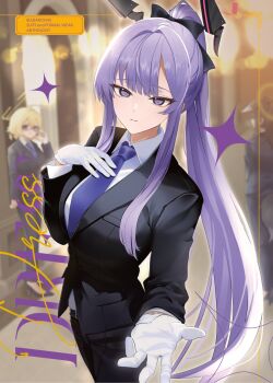 3girls adjusting_eyewear ahoge alternate_costume animal_ears belt black_belt black_hair black_jacket black_pants black_ribbon black_suit blonde_hair blue_archive blue_necktie blurry blurry_background breasts collared_shirt comiket_107 commentary_request cover cover_page dog_ears dog_tail engineering_department_(blue_archive) english_text formal_clothes from_behind gloves hair_between_eyes hair_ribbon halo hand_on_own_chest hibiki_(blue_archive) high_heels highres jacket kotori_(blue_archive) layered_sleeves long_hair long_sidelocks looking_at_viewer mechanical_ears medium_breasts multiple_girls necktie pants ponytail purple_eyes purple_hair reaching reaching_towards_viewer red_eyes red_halo ribbon second-party_source shirt shirt_hair sidelocks sitting sparkle suit suit_jacket tail tax_(zeita_gundam) utaha_(blue_archive) white_gloves yellow_halo