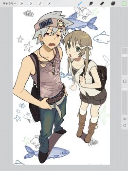 1boy 1girl blonde_hair boots brown_boots commentary denim fish full_body green_eyes hair_between_eyes headband highres jeans looking_at_viewer maka_albarn pants procreate_(software) red_eyes skirt soul_eater soul_evans symbol-only_commentary tank_top twintails user_interface ux_xu_o03 white_hair