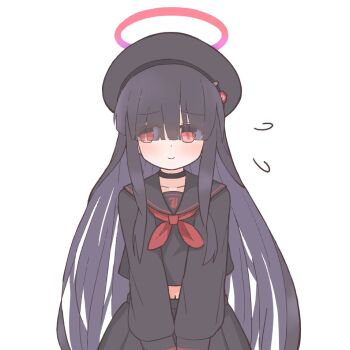 1girl ayanoburuaka beret black_choker black_hair black_hat black_shirt black_skirt blue_archive choker closed_mouth eyes_visible_through_hair halo hat highres justice_task_force_member_(blue_archive) long_hair midriff_peek neckerchief red_eyes red_halo red_neckerchief shirt simple_background skirt smile solo upper_body very_long_hair white_background