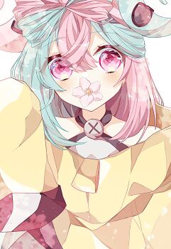 Rule 34 | 1girl, blue hair, bow-shaped hair, character hair ornament, flower, flower in mouth, hair ornament, halter shirt, halterneck, highres, iono (pokemon), jacket, long hair, looking at viewer, multicolored hair, nintendo, oversized clothes, pink eyes, pink flower, pink hair, pokemon, pokemon sv, simple background, sleeves past fingers, sleeves past wrists, solo, split-color hair, to camellia, two-tone hair, upper body, white background, x (symbol), yellow jacket