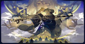 1boy 1girl absurdres bird chinese_clothes closed_eyes closed_mouth covered_mouth ershisi_shao_qing eyelashes full_body full_moon hanfu highres jewelry long_hair long_sleeves looking_at_another moon mountain multiple_views necklace open_hands open_mouth original profile purple_eyes sidelocks sky staff star_(sky) tears very_long_hair wide_sleeves