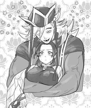 1boy 1girl animal_print black_jacket breasts butterfly_hair_ornament butterfly_print butterfly_print_haori d_to_the_ugly demon_slayer_uniform douma_(kimetsu_no_yaiba) fangs forked_eyebrows furrowed_brow hair_between_eyes hair_ornament haori hat hetero highres hug hug_from_behind jacket japanese_clothes kimetsu_no_yaiba kochou_shinobu large_breasts light_frown long_hair muscular muscular_male open_mouth parted_bangs print_haori sidelocks size_difference smile updo upper_body