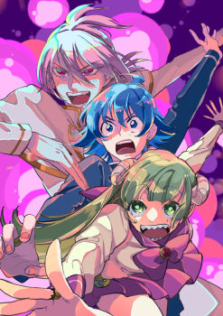 1girl 2boys :d :o absurdres ahoge asmodeus_alice babyls_school_uniform blue_eyes blue_hair bow curled_horns green_eyes grey_hair hair_between_eyes highres horns kiyodaruma long_hair long_sleeves mairimashita!_iruma-kun medium_hair multiple_boys open_mouth pink_background pink_bow pink_hair pink_skirt red_eyes school_uniform sharp_teeth skirt smile suzuki_iruma teeth valac_clara