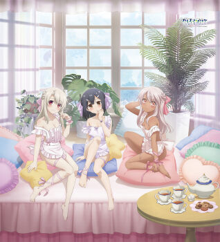 3girls apron artist_request barefoot black_hair blush bow breasts brown_eyes chloe_von_einzbern cleavage closed_mouth copyright_name curtains dark-skinned_female dark_skin fate/kaleid_liner_prisma_illya fate_(series) full_body hair_bow heart heart-shaped_pillow illyasviel_von_einzbern indoors long_hair looking_at_viewer merchandise_available miyu_edelfelt multiple_girls naked_apron off_shoulder official_art pillow plant potted_plant red_eyes sitting small_breasts smile star-shaped_pillow table tea teapot white_hair window