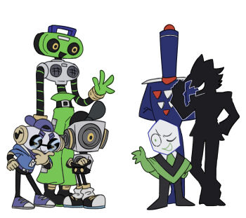 2others 4boys backwards_hat baggy_pants baseball_cap belt belt_buckle black_belt black_cloak black_hat blue_hat buckle buttons cap&#039;n_(deltarune) cloak crossed_arms deltarune elbow_gloves full_body furrowed_brow glasses gloves green_cloak green_necktie green_pants green_pippins hand_on_headwear hand_on_own_hip happy hat highres inase_ak k_k_(deltarune) looking_at_another multiple_boys multiple_others musical_note musical_note_print necktie one_eye_closed opaque_glasses open_mouth pants pippins_(deltarune) pointy_nose radio round_eyewear shadowguy_(deltarune) simple_background smile standing sunglasses sweet_(deltarune) two-tone_cloak utdr_(toby_fox) waving white_background yellow_gloves zapper_(deltarune)