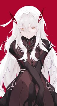 1girl absurdres black_bodystocking breasts expressionless genshin_impact highres large_breasts long_hair looking_at_viewer ronova_(genshin_impact) sitting solo sparrow4193941 white_hair yellow_eyes